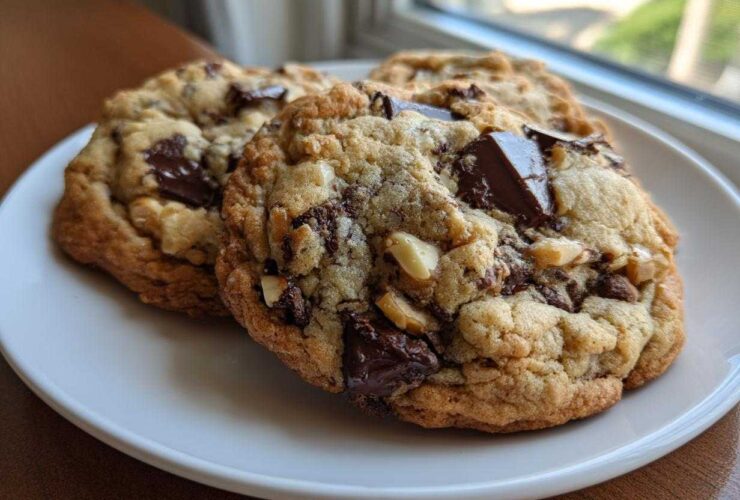 Three thick, chunky levain bakery chocolate chip cookies loaded with chocolate chunks and nuts on a white plate.