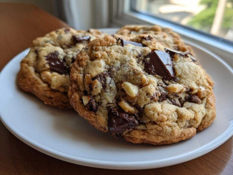 Three thick, chunky levain bakery chocolate chip cookies loaded with chocolate chunks and nuts on a white plate.