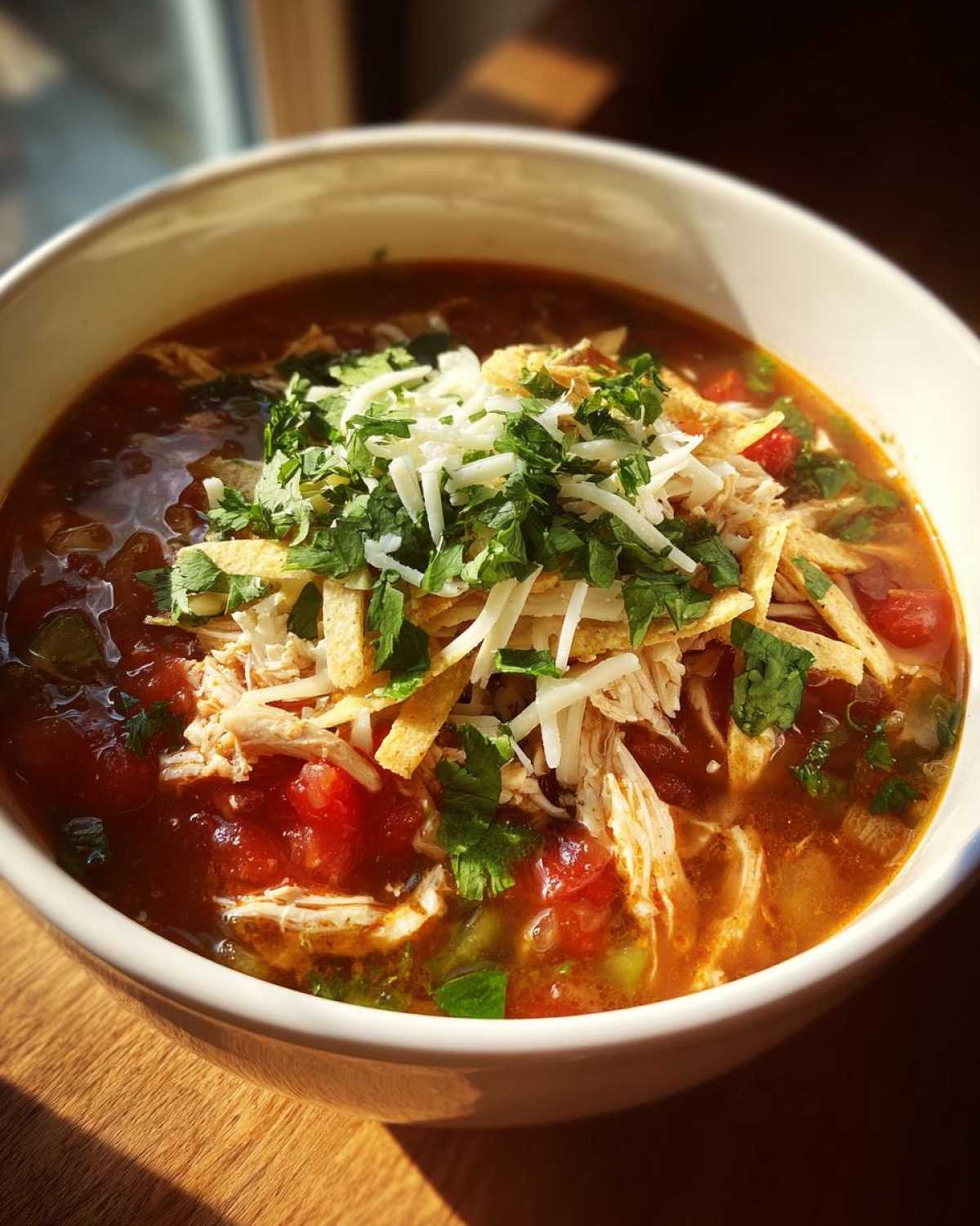 A close-up of a hearty bowl of tortilla soup recipe, topped with shredded chicken, cheese, cilantro, and crispy tortilla strips.
