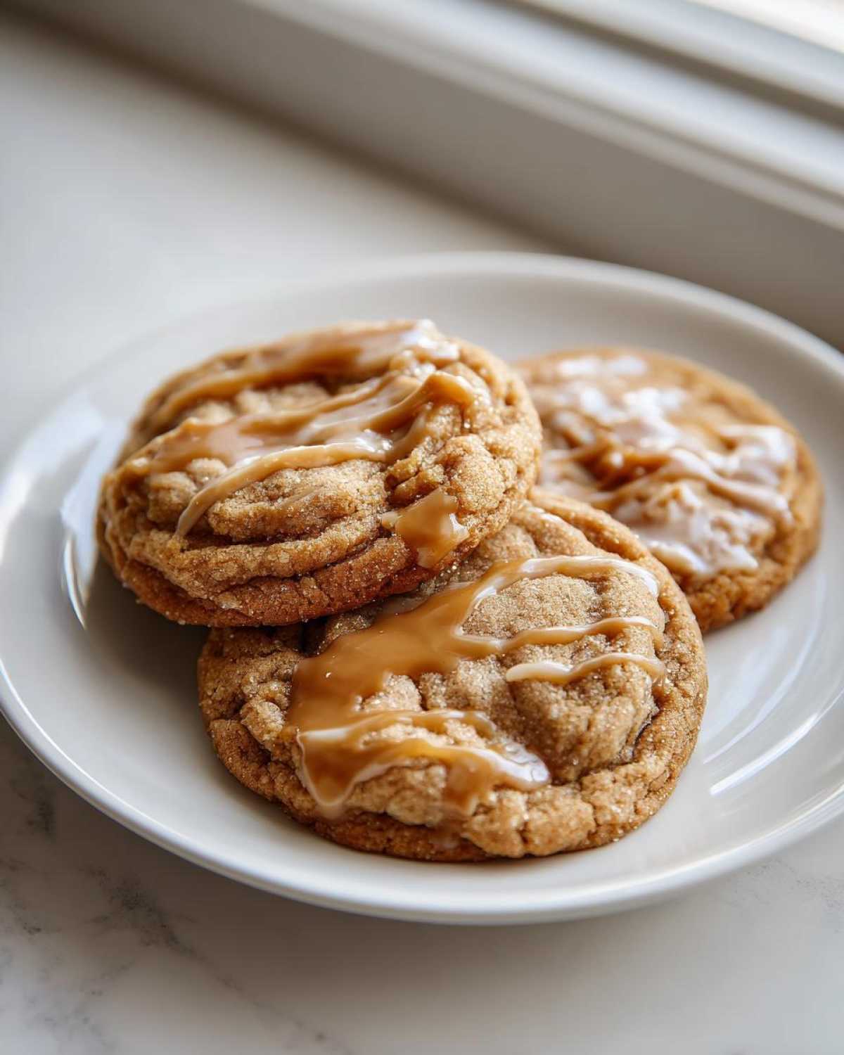 Three soft maple brown sugar cookies drizzled with a thick caramel glaze on a white plate.