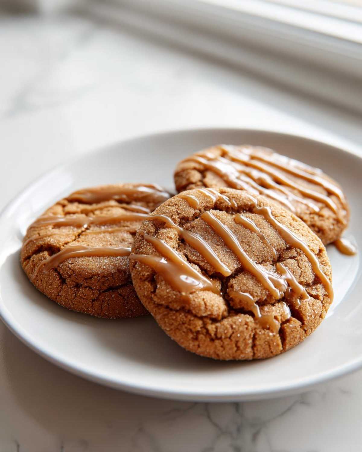 Three soft maple brown sugar cookies, coated in sugar and drizzled with caramel sauce, served on a white plate.
