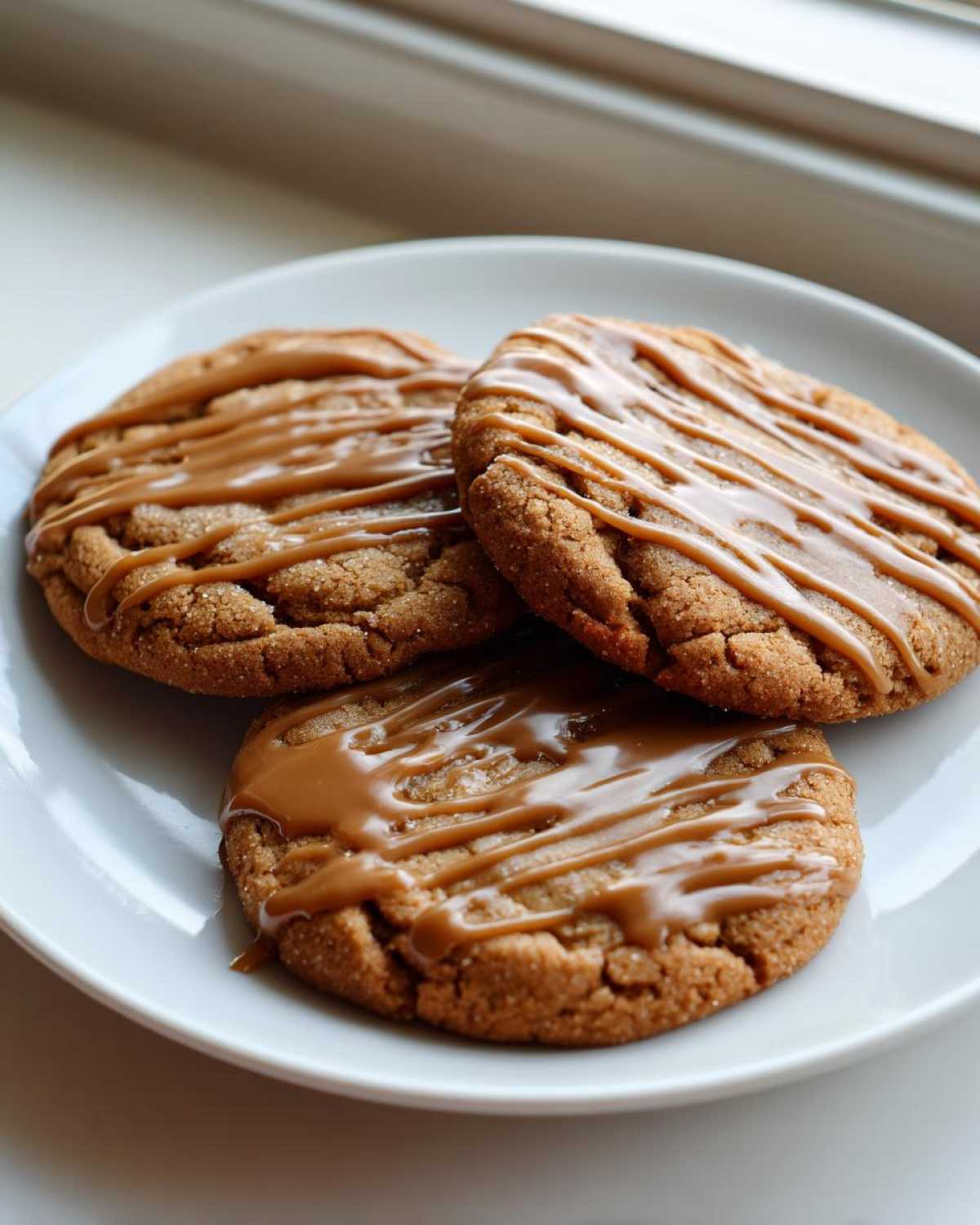 Three soft maple brown sugar cookies drizzled with a rich caramel glaze, resting on a white plate.