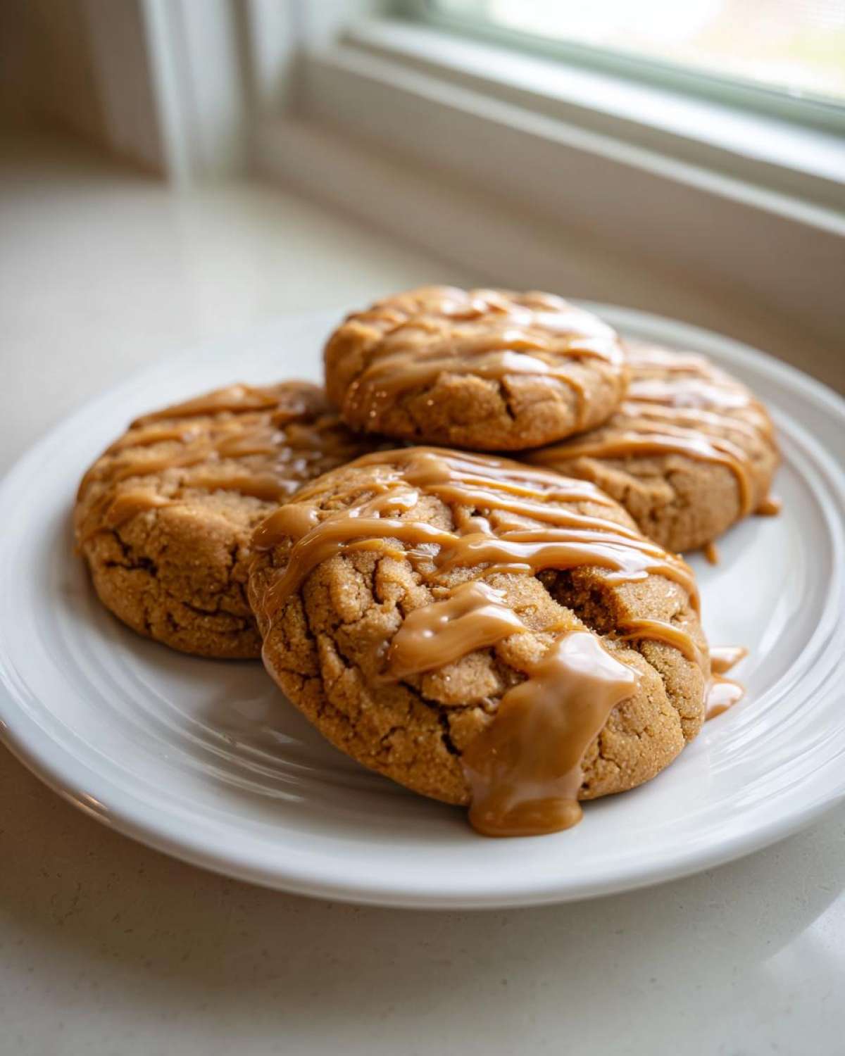 Four soft maple brown sugar cookies drizzled with thick caramel glaze, resting on a white plate near a window.