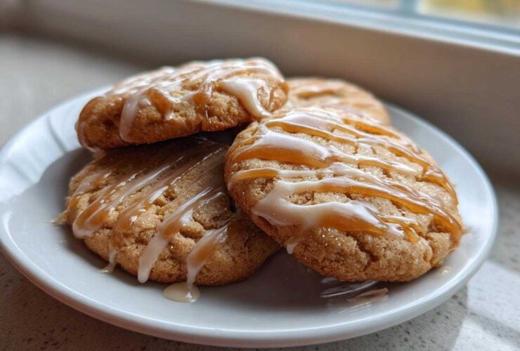 Close-up of three maple brown sugar cookies stacked on a white plate, drizzled with white icing and caramel.
