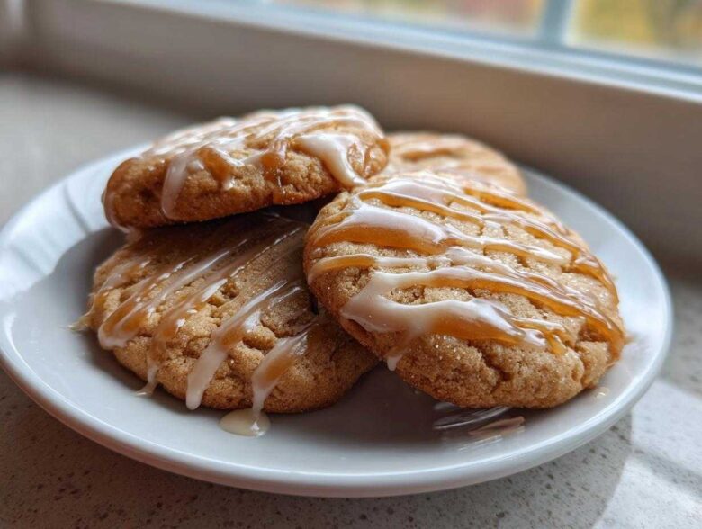 Close-up of three maple brown sugar cookies stacked on a white plate, drizzled with white icing and caramel.