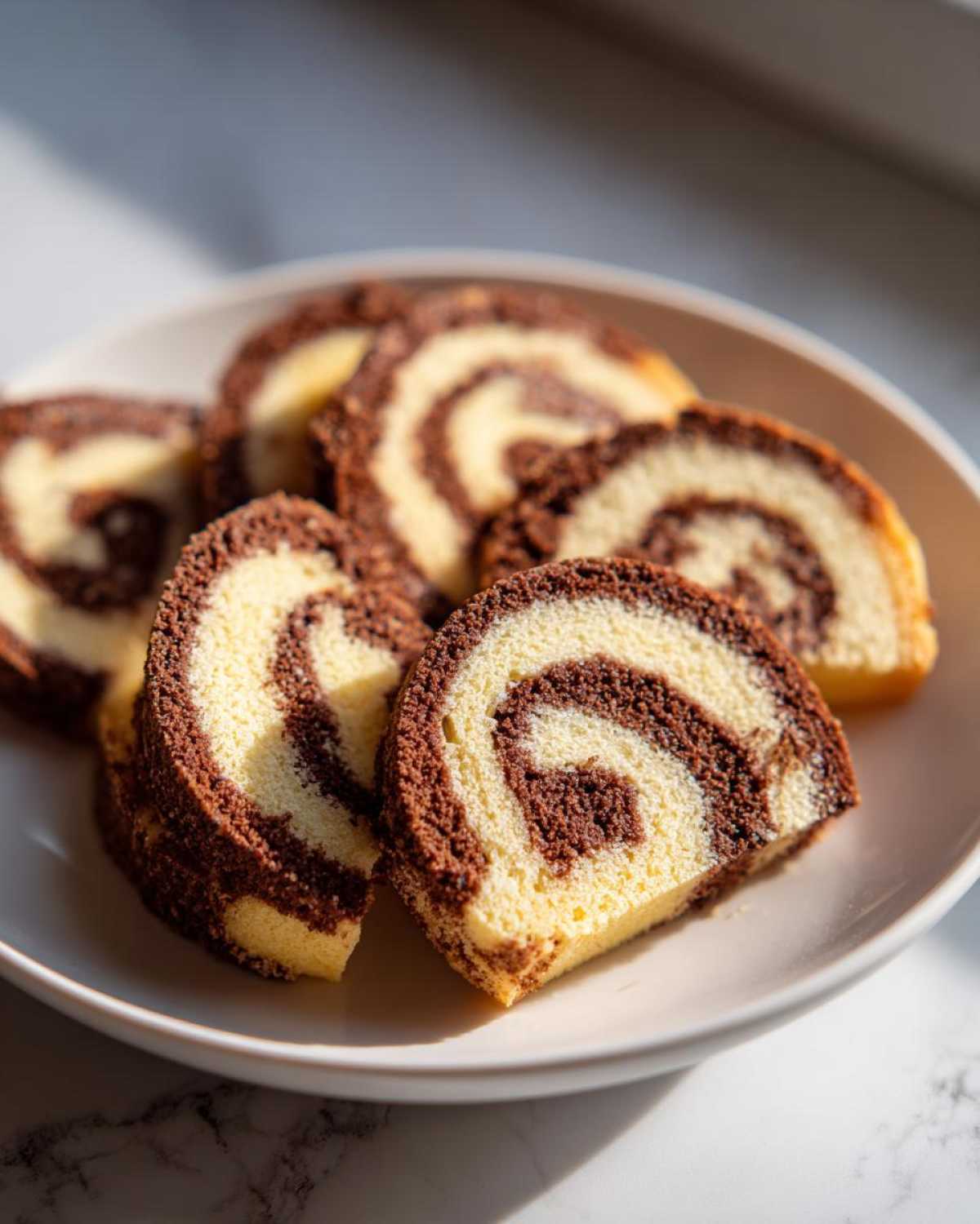 Slices of beautiful marbled chocolate and vanilla pinwheel cookies arranged on a white plate.