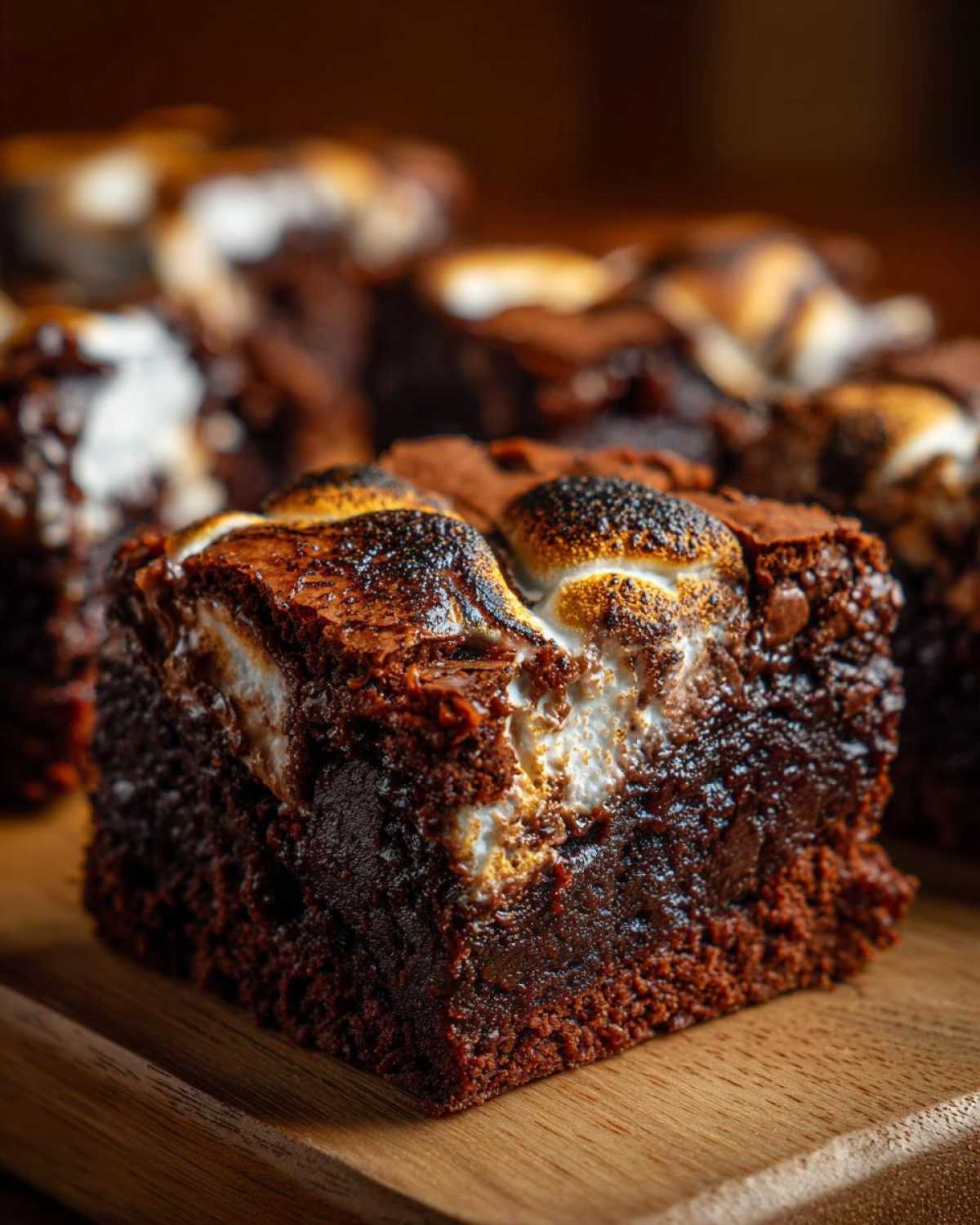 A close-up of a fudgy hot chocolate brownie topped with toasted marshmallows.
