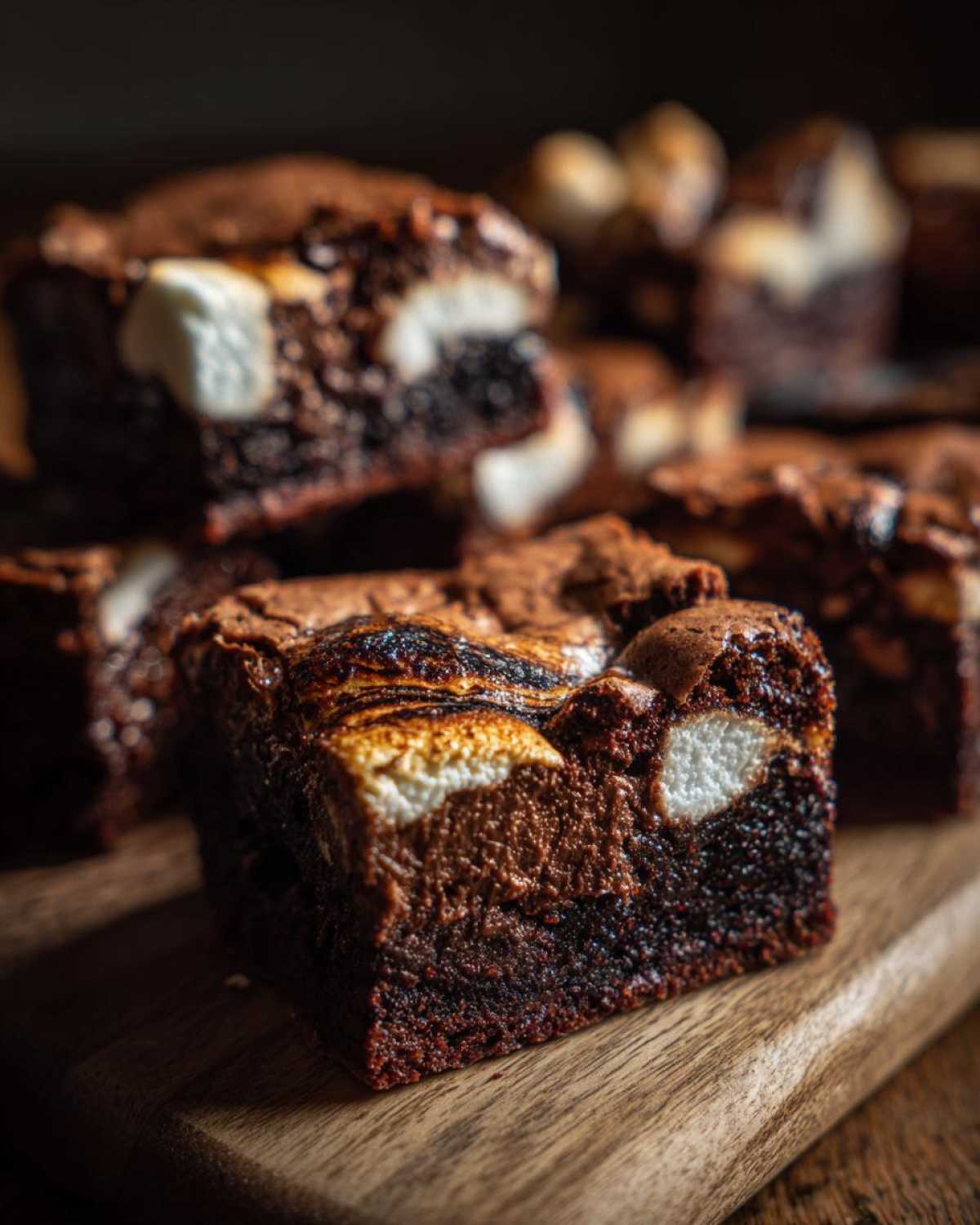 A rich, fudgy piece of hot chocolate brownies with melted marshmallows on a wooden board.