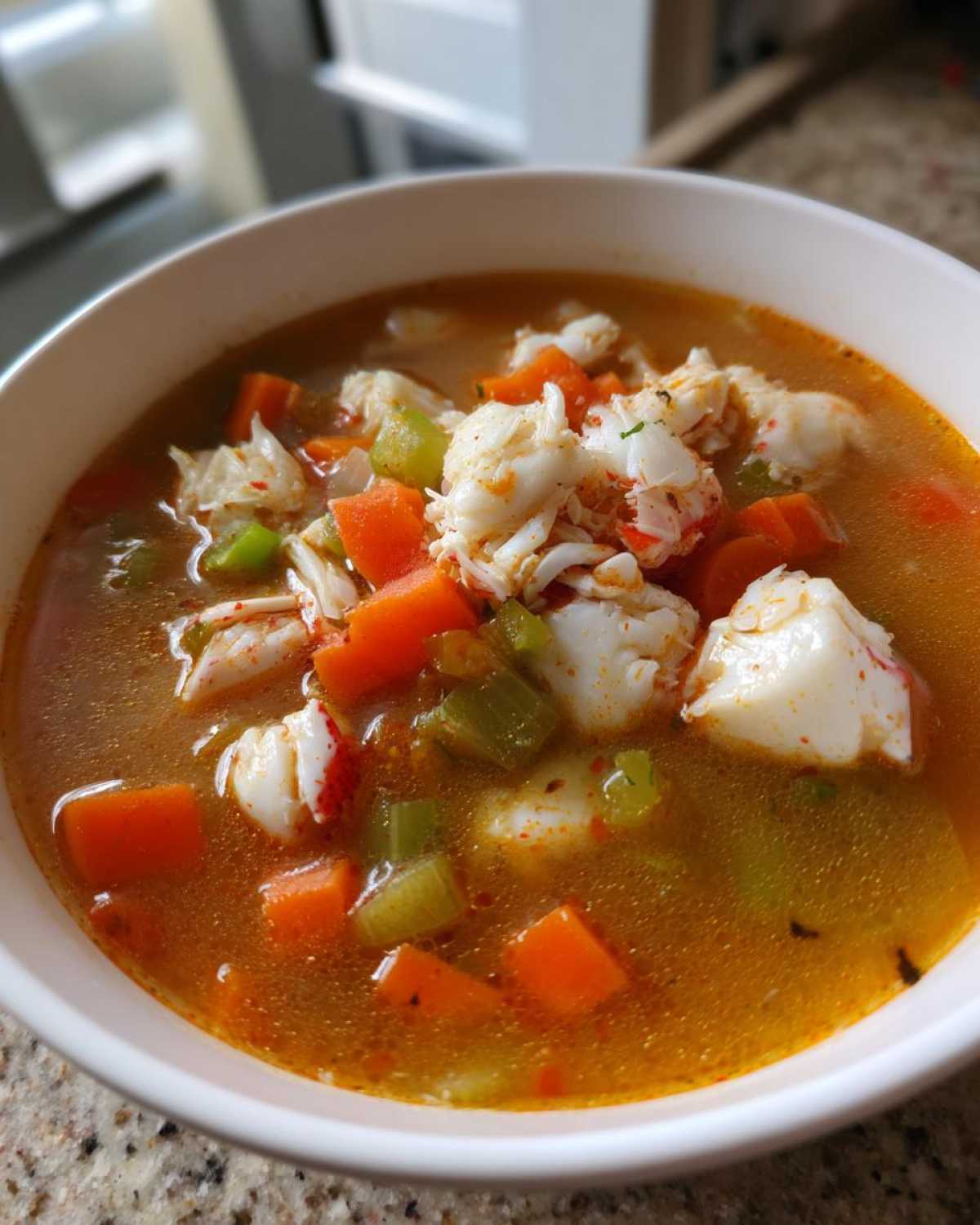 Close-up of a white bowl filled with flavorful Maryland crab soup, featuring large chunks of white crab meat, carrots, and celery.