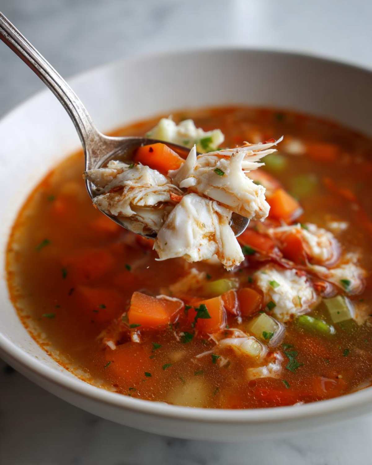 A spoonful of rich, tomato-based maryland crab soup lifted from a white bowl, showing chunks of crab meat and vegetables.