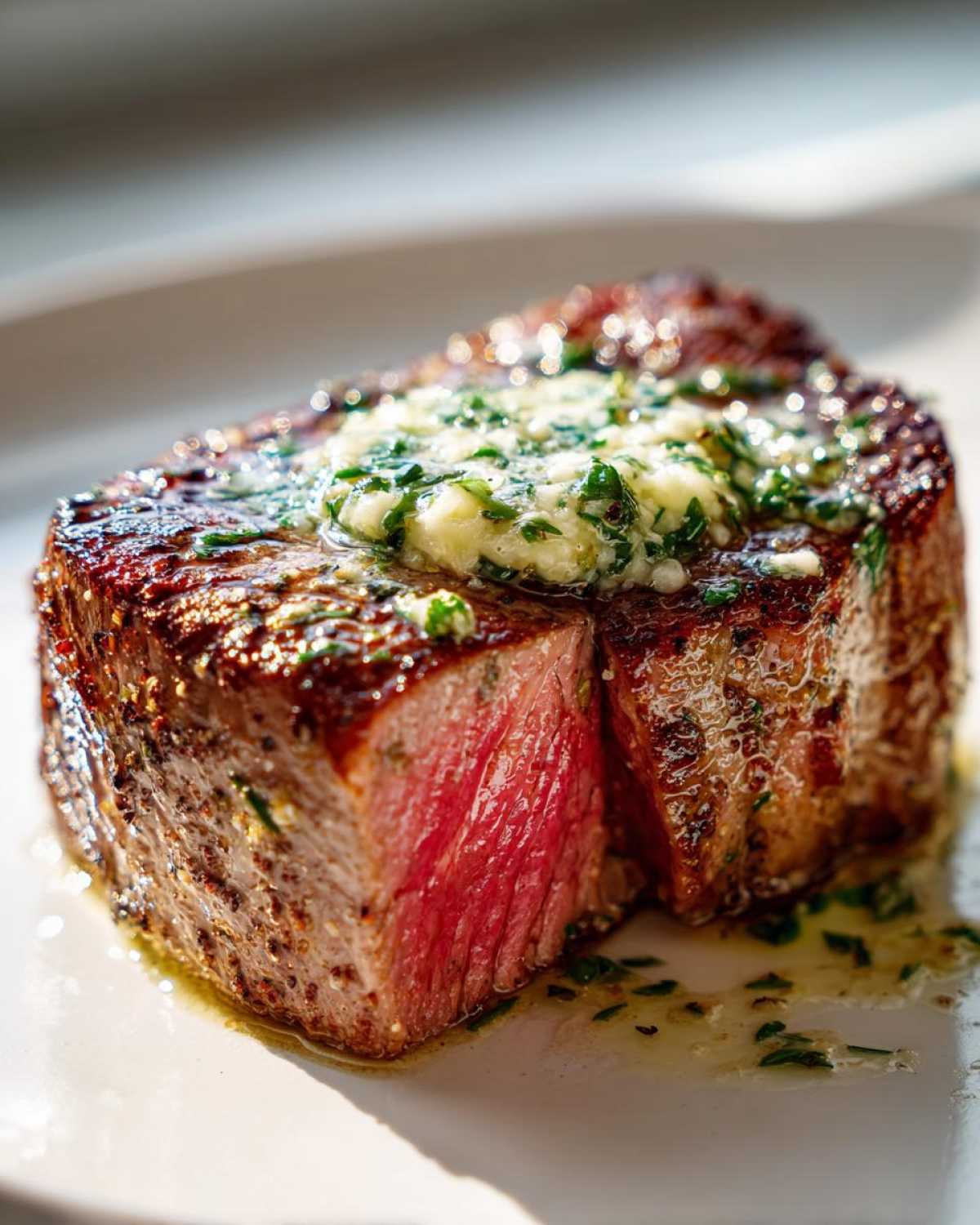 Close-up of a thick, seared Tuna steak cooked medium-rare, topped with melting herb butter.