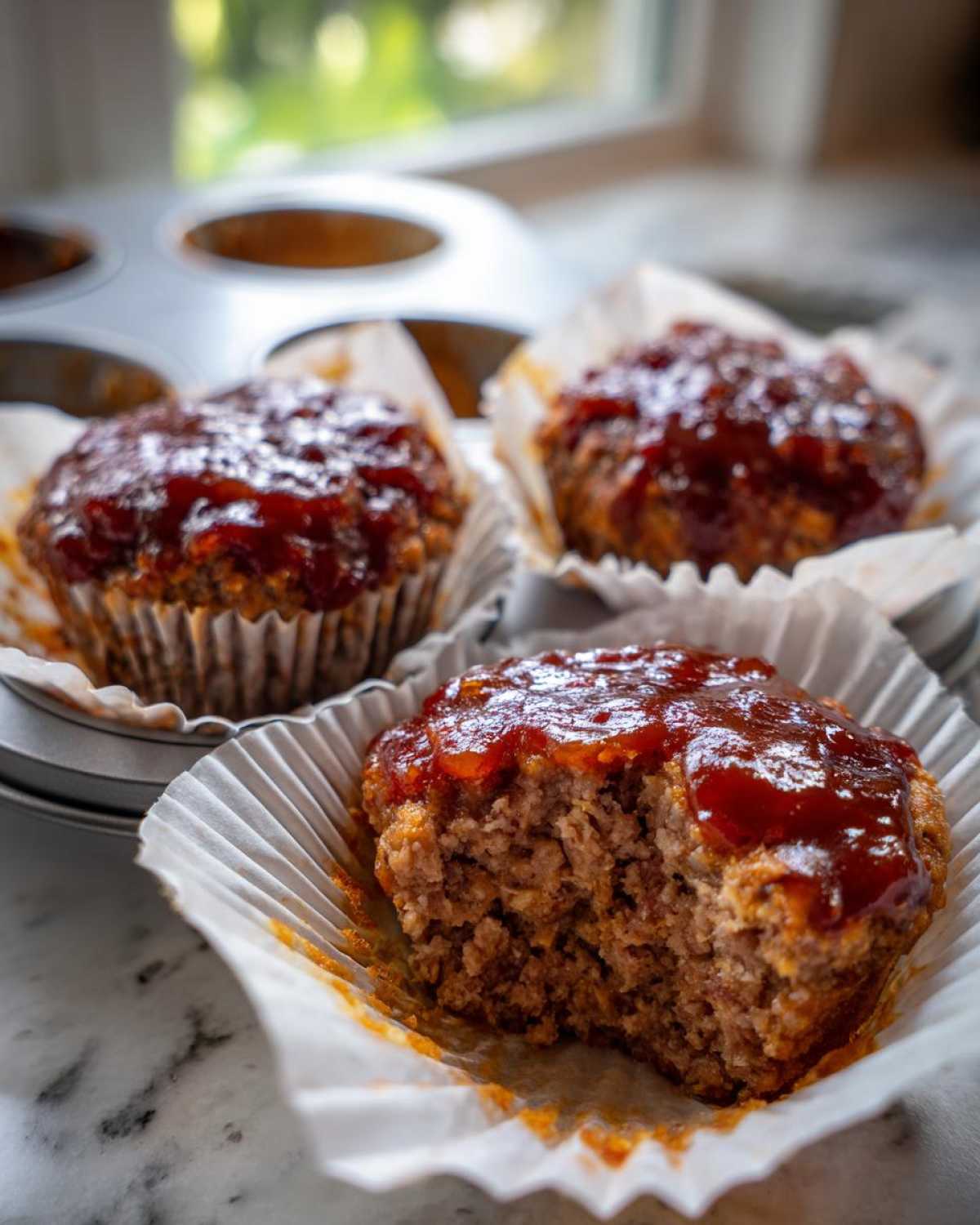 Three mini meatloaf portions in paper liners, one with a bite taken out showing the texture, topped with a shiny glaze.