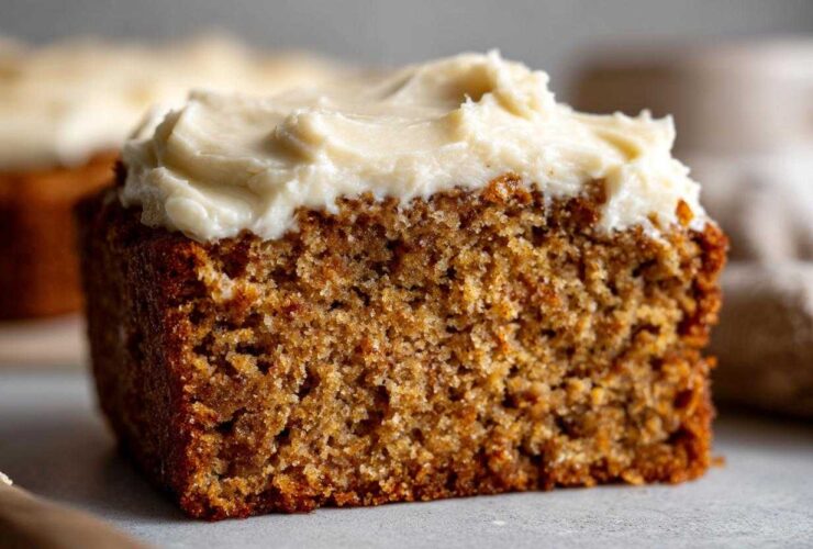 Close-up of a moist slice of applesauce cake topped with thick, creamy white frosting.