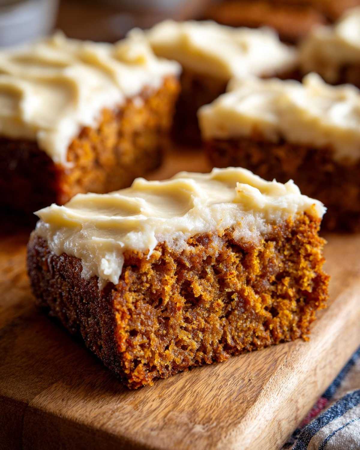 Close-up of a moist slice of applesauce cake topped with thick, creamy frosting on a wooden board.