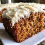 Close-up of a moist slice of applesauce cake topped with thick, white cream cheese frosting.