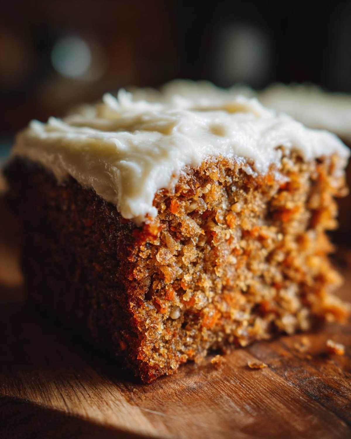 Close-up of a moist slice of applesauce cake topped with thick cream cheese frosting on a wooden board.