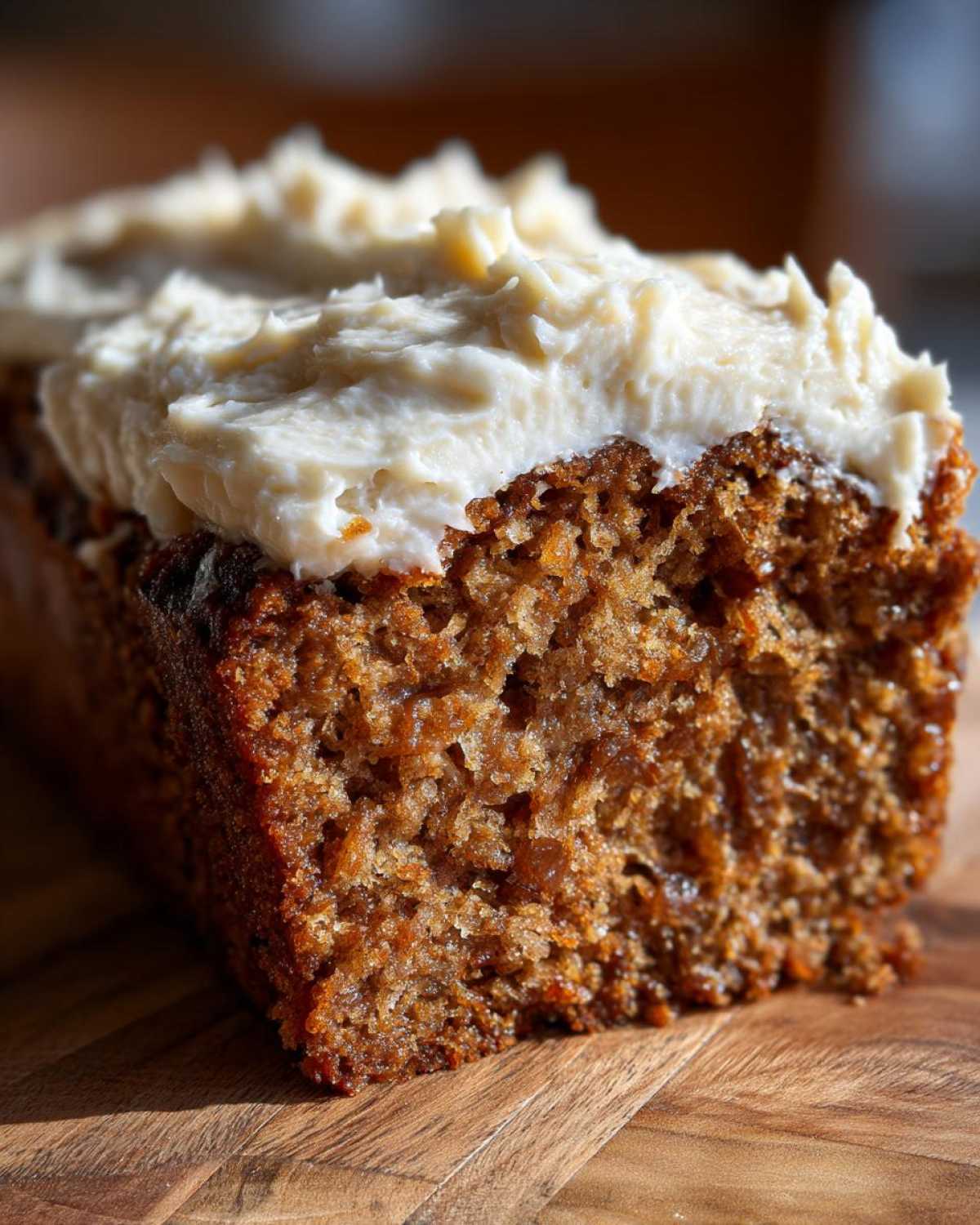 Close-up of a moist slice of applesauce cake topped with thick, white cream cheese frosting.