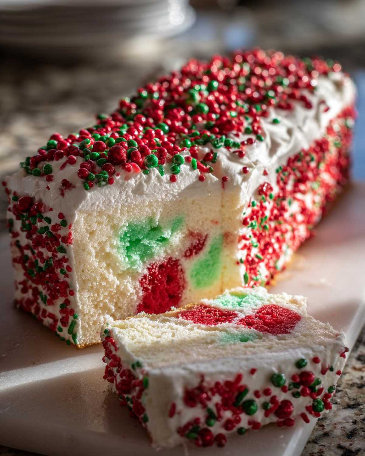 A slice of moist christmas poke cake showing red and green colored filling pockets, topped with white frosting and sprinkles.