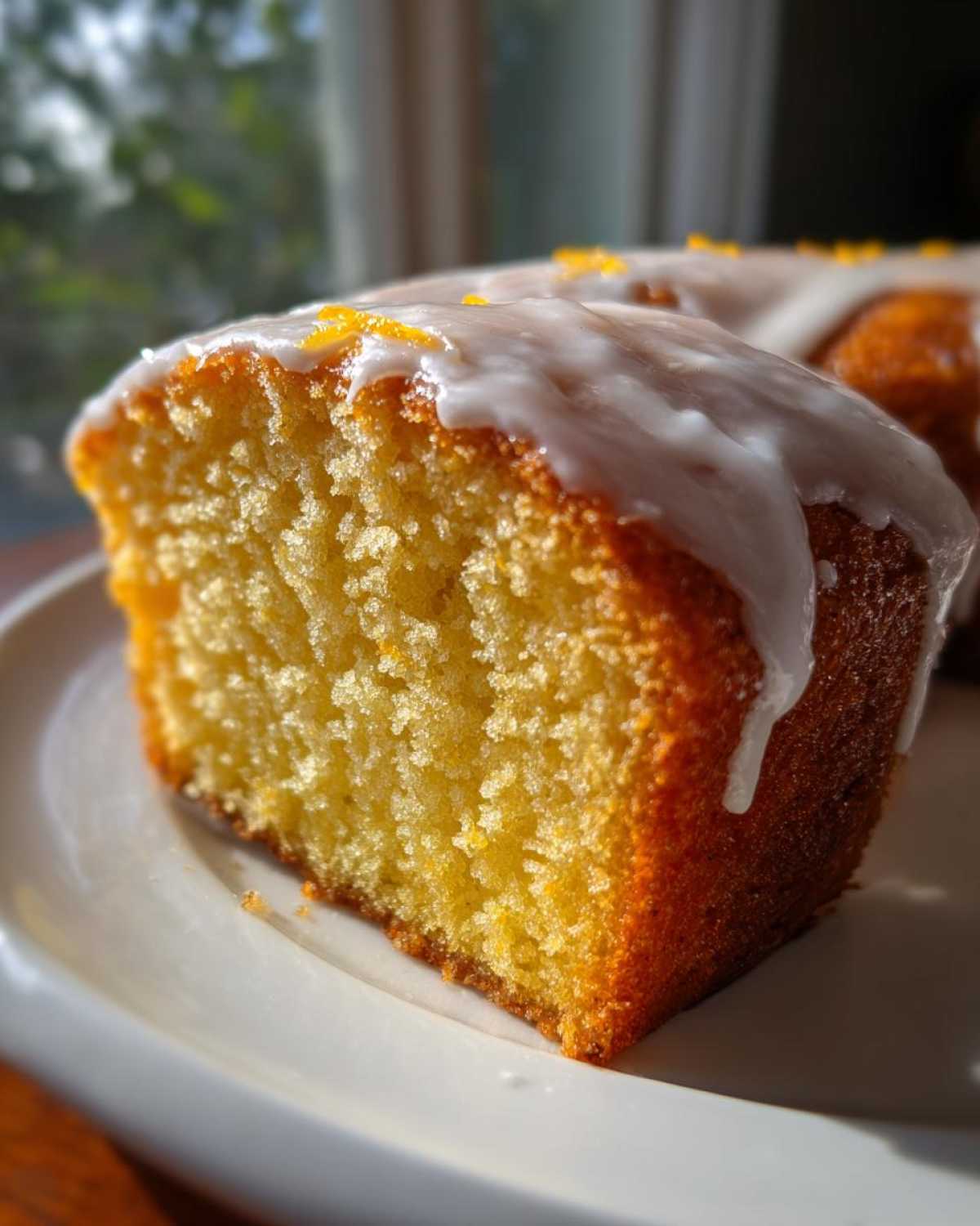 Close-up of a moist slice of orange juice cake showing its crumb structure, topped with white glaze and orange zest.