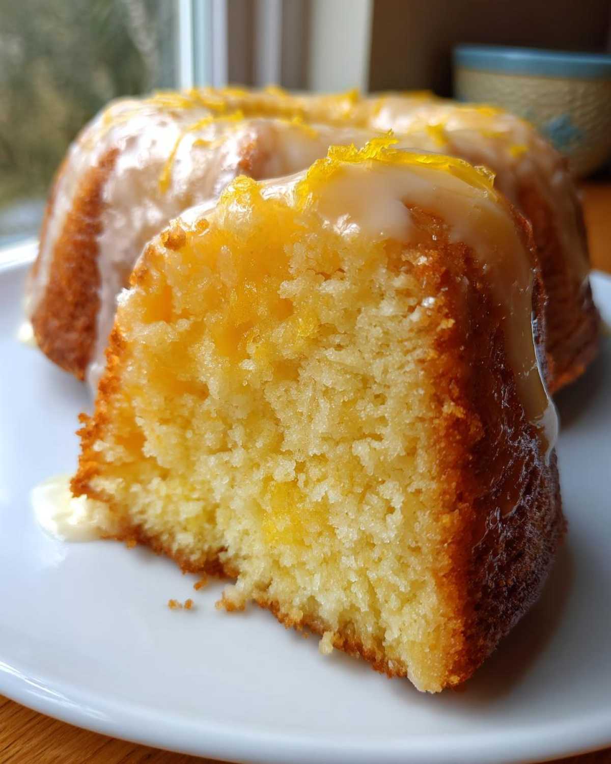 Close-up of a slice of incredibly moist orange juice cake with a thick citrus glaze and zest topping.