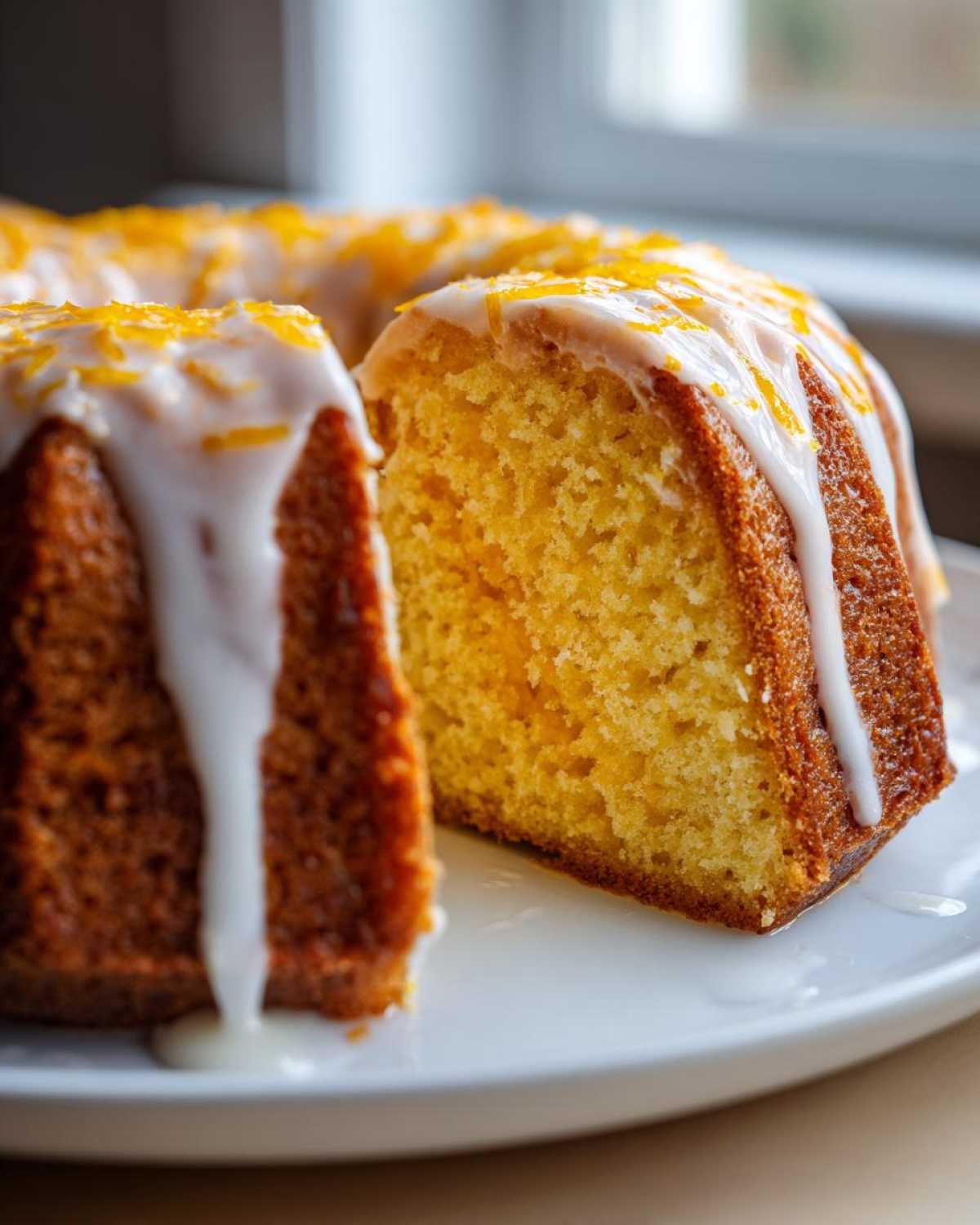 Close-up of a slice cut from a moist orange juice cake, topped with white glaze and orange zest.