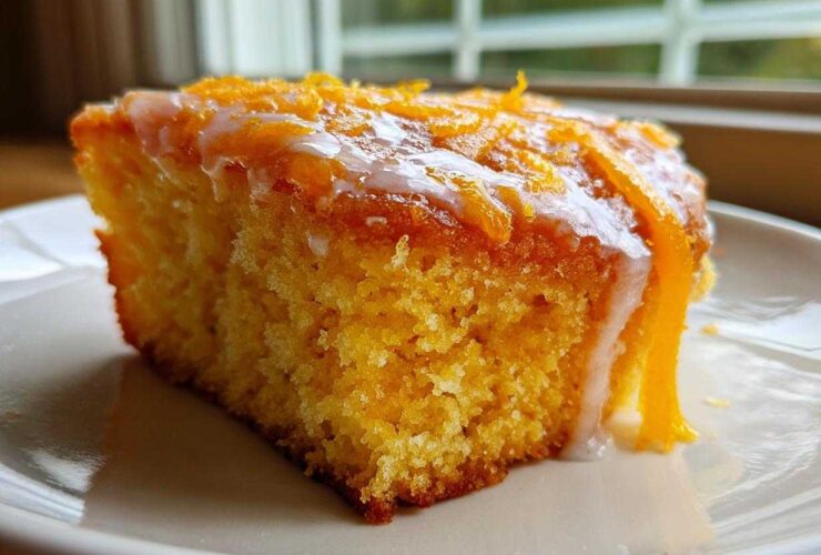 Close-up of a moist slice of orange juice cake topped with white glaze and fresh orange zest.