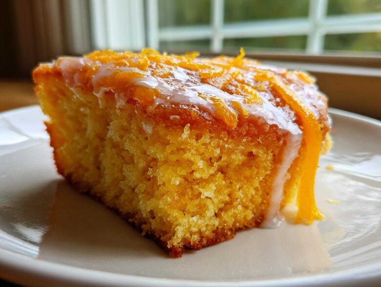 Close-up of a moist slice of orange juice cake topped with white glaze and fresh orange zest.