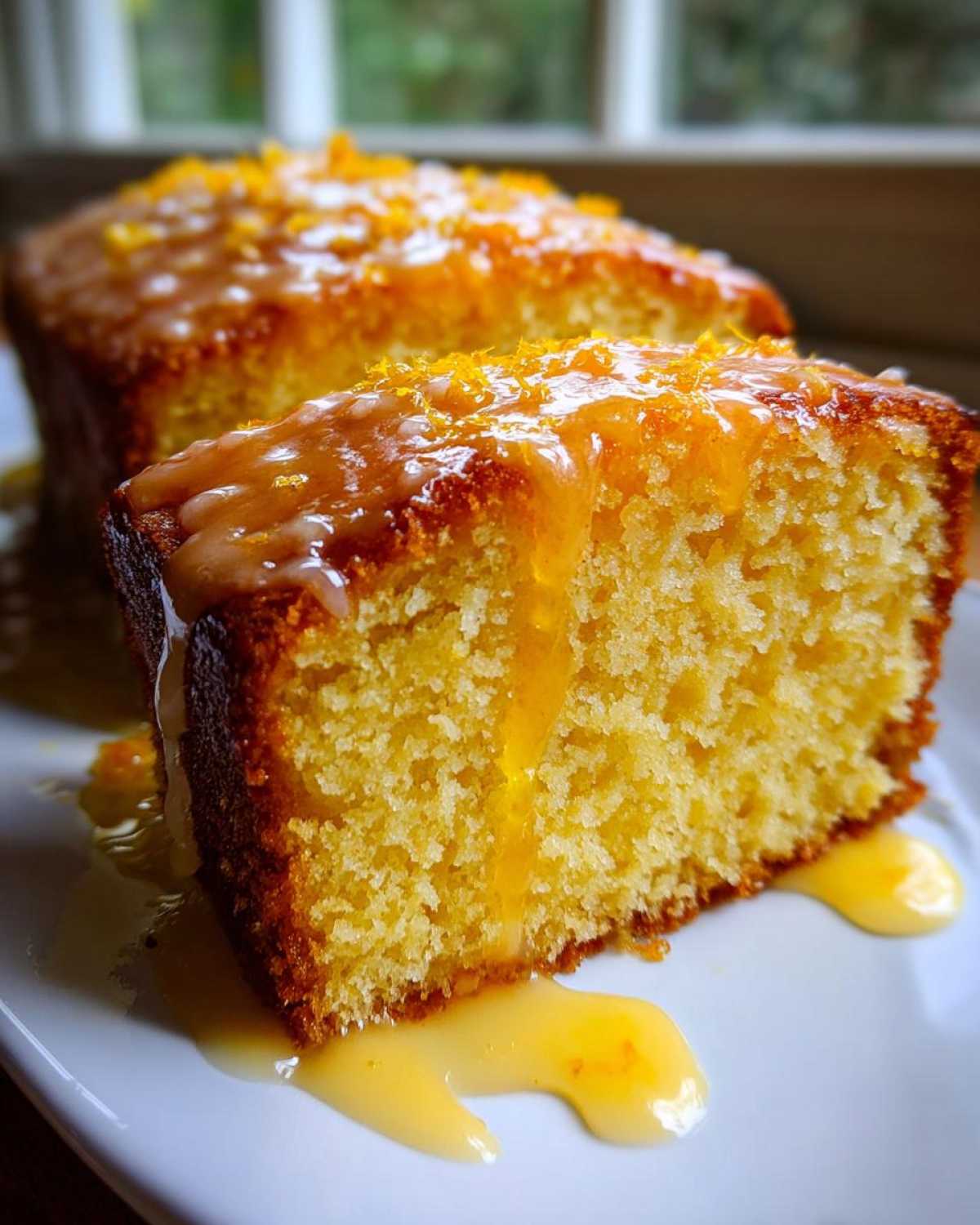 Close-up of a moist slice of orange juice cake dripping with orange glaze and topped with zest.
