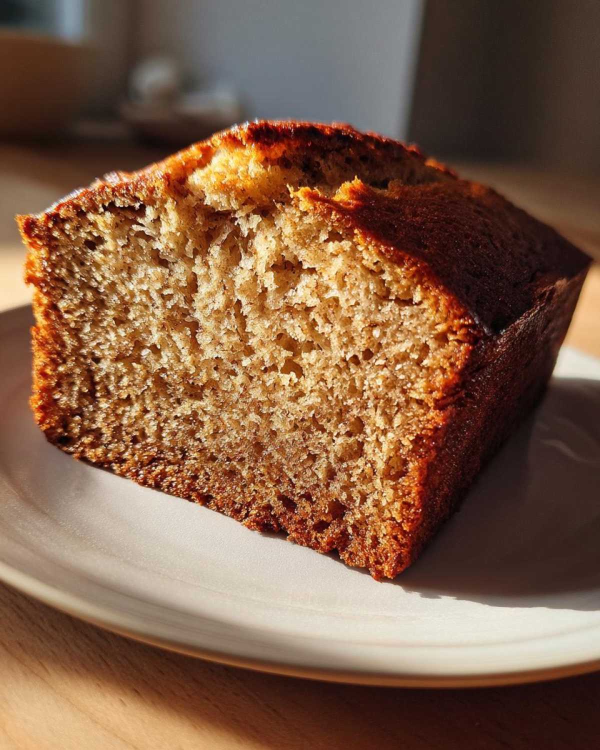 A close-up slice showing the moist crumb structure of the best banana bread, illuminated by bright sunlight.