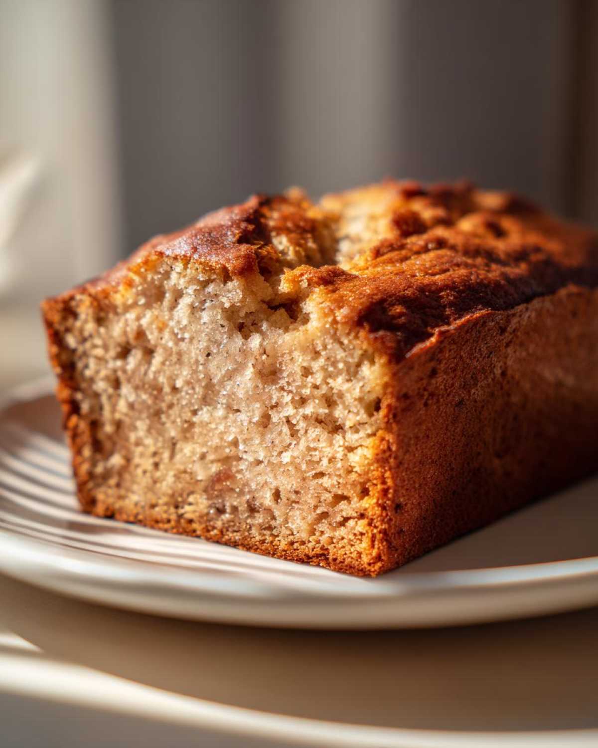 A close-up, sunlit view of a thick slice of moist best banana bread on a white plate.