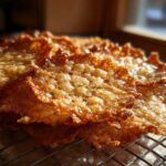 Close-up of golden brown, lacy oatmeal cookies cooling on a wire rack, highlighting their delicate, porous texture.