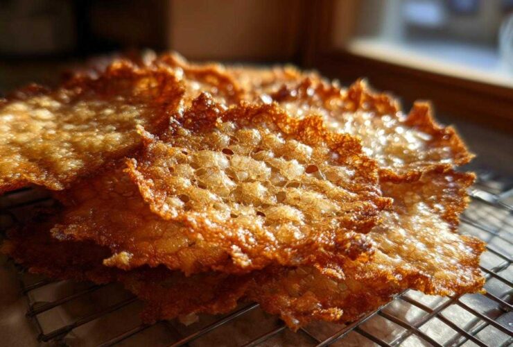 Close-up of golden brown, lacy oatmeal cookies cooling on a wire rack, highlighting their delicate, porous texture.
