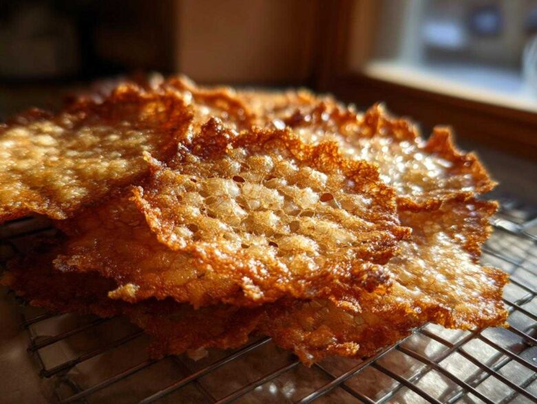 Close-up of golden brown, lacy oatmeal cookies cooling on a wire rack, highlighting their delicate, porous texture.