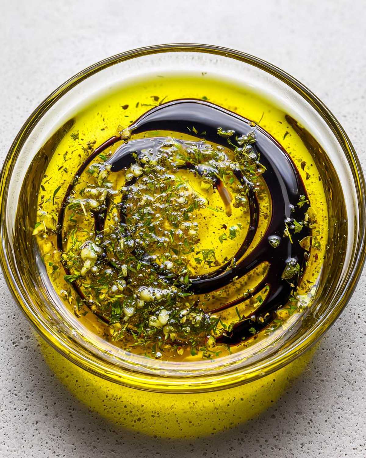 Close-up of a glass bowl containing olive oil bread dip, herbs, garlic, and a swirl of dark balsamic vinegar.