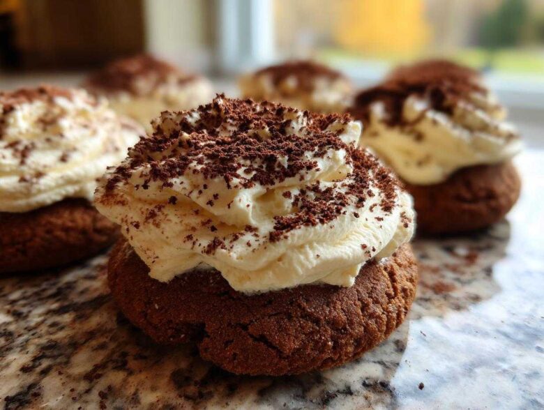 A close-up of one delicious tiramisu cookies featuring a dark chocolate base topped with whipped cream and cocoa powder.