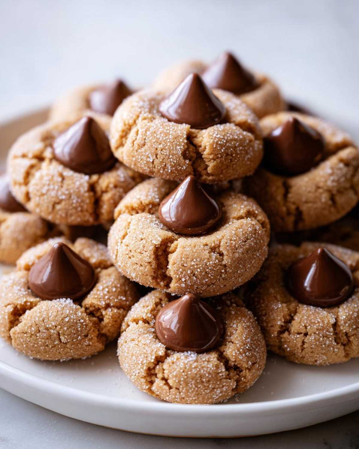 A close-up stack of freshly baked peanut butter blossom cookies, rolled in sugar and topped with a chocolate kiss.