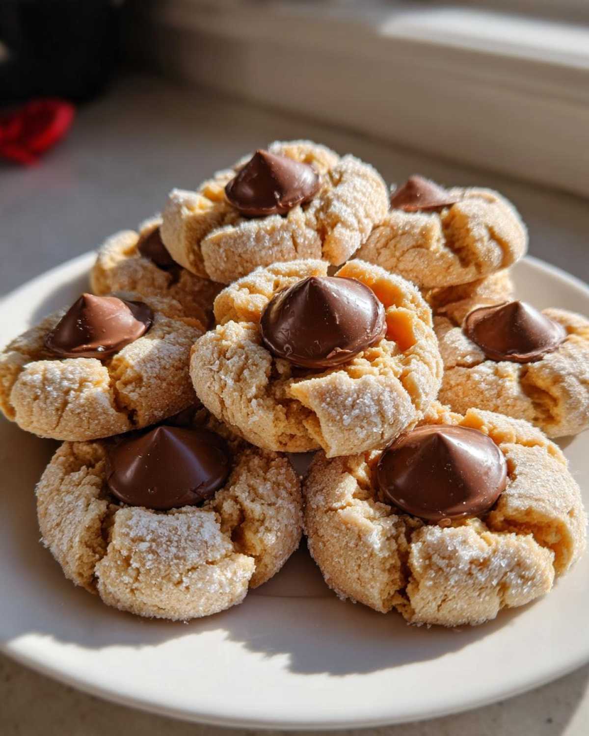 A close-up stack of freshly baked peanut butter blossom cookies dusted with sugar and topped with chocolate kisses.