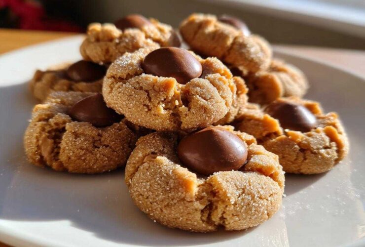 A tempting pile of freshly baked peanut butter blossom cookies, rolled in sugar and topped with chocolate kisses, sitting on a white plate.