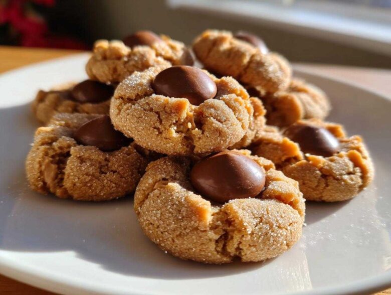 A tempting pile of freshly baked peanut butter blossom cookies, rolled in sugar and topped with chocolate kisses, sitting on a white plate.