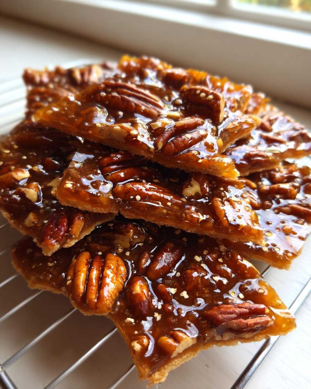 Close-up of several squares of shiny, caramelized Pecan Pie Bark stacked on a cooling rack.