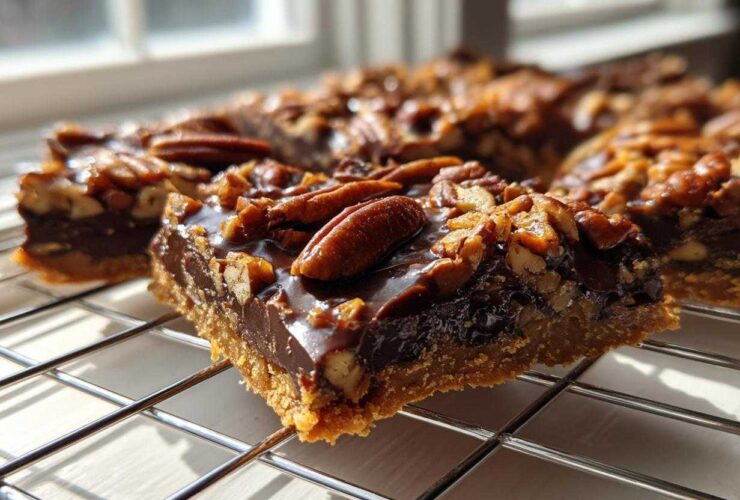 A close-up, sunlit view of a square piece of rich chocolate Pecan Pie Bark resting on a wire cooling rack.