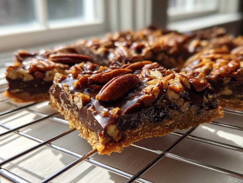 A close-up, sunlit view of a square piece of rich chocolate Pecan Pie Bark resting on a wire cooling rack.