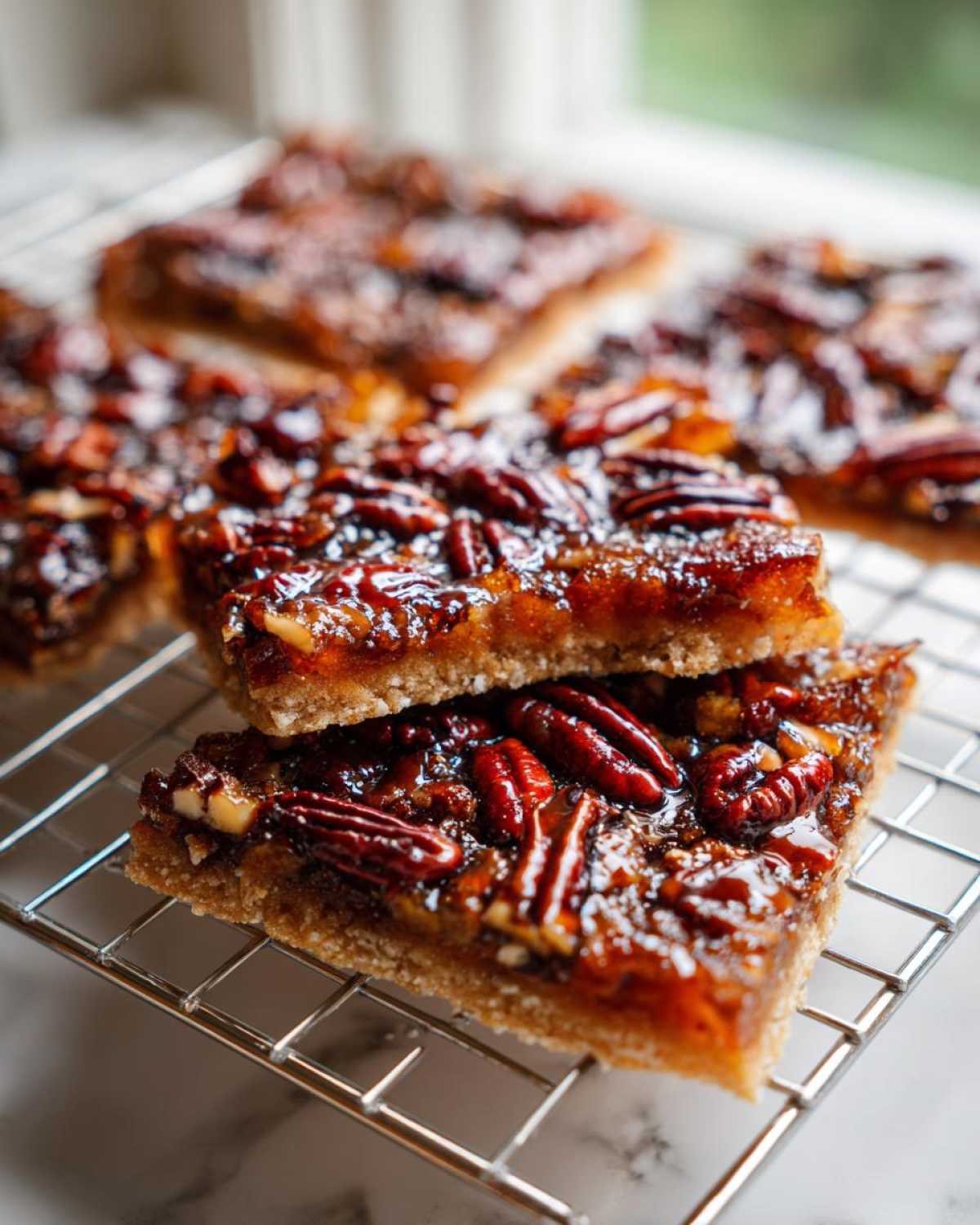 Two stacked squares of glossy Pecan Pie Bark with whole pecans on a wire cooling rack.