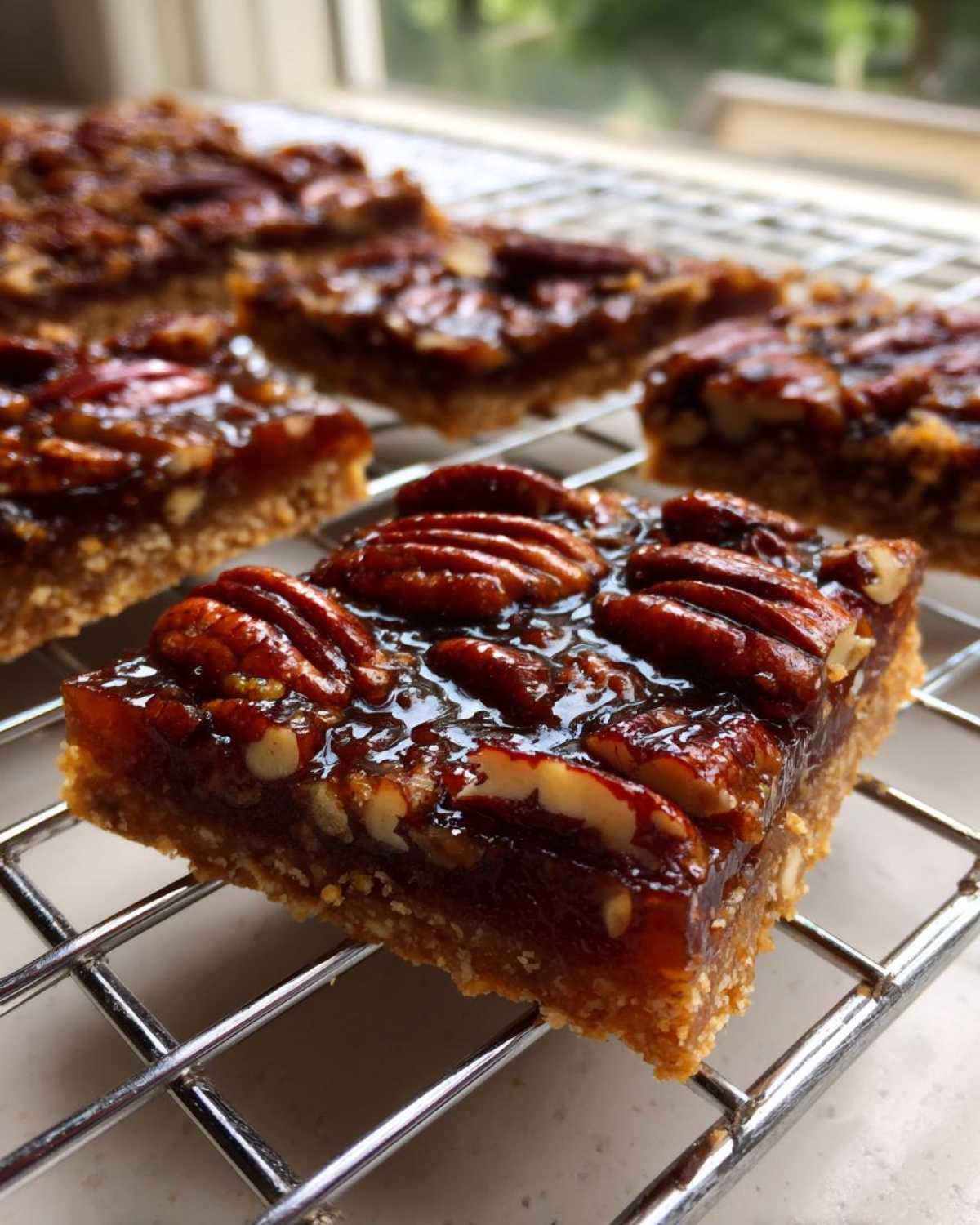 A close-up of a square of glossy Pecan Pie Bark resting on a wire cooling rack, showing the pecan topping and crumbly base.