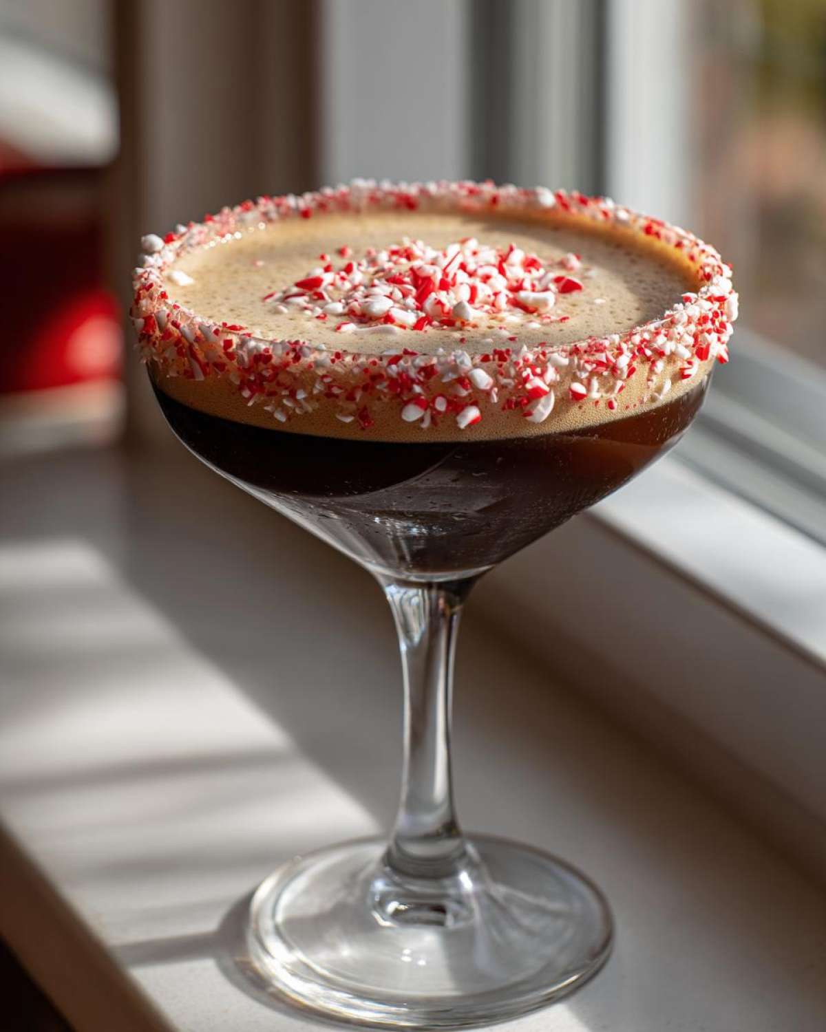 A festive peppermint espresso martini topped with foam and crushed candy canes on the rim.
