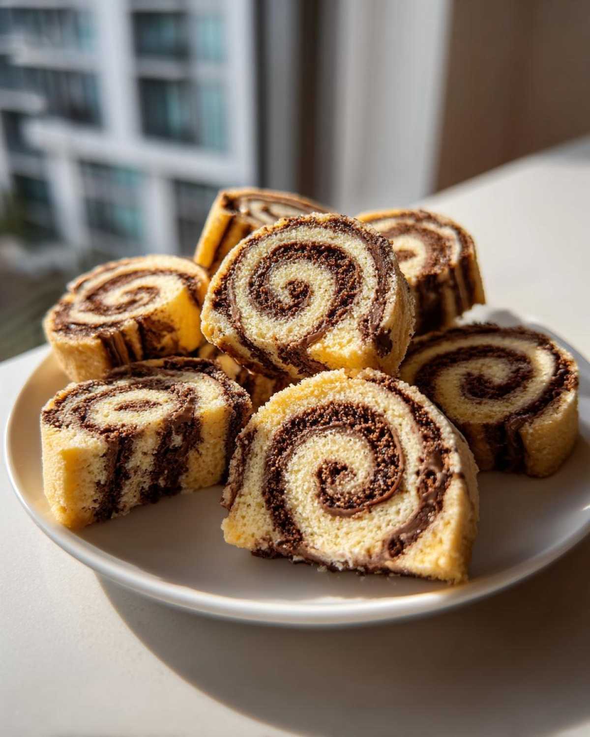 A plate piled high with freshly cut pinwheel cookies showing a perfect vanilla and chocolate swirl pattern.