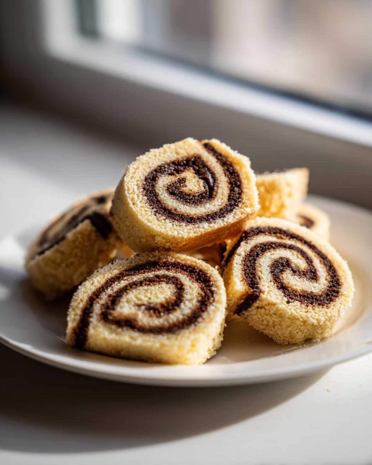 A stack of freshly baked pinwheel cookies slices showing a distinct chocolate swirl pattern on a white plate.