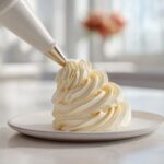 A piping bag is used to create a tall swirl of fluffy vanilla buttercream frosting on a white plate.