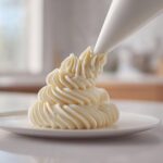 A piping bag dispensing perfectly swirled, fluffy vanilla buttercream onto a small white plate.
