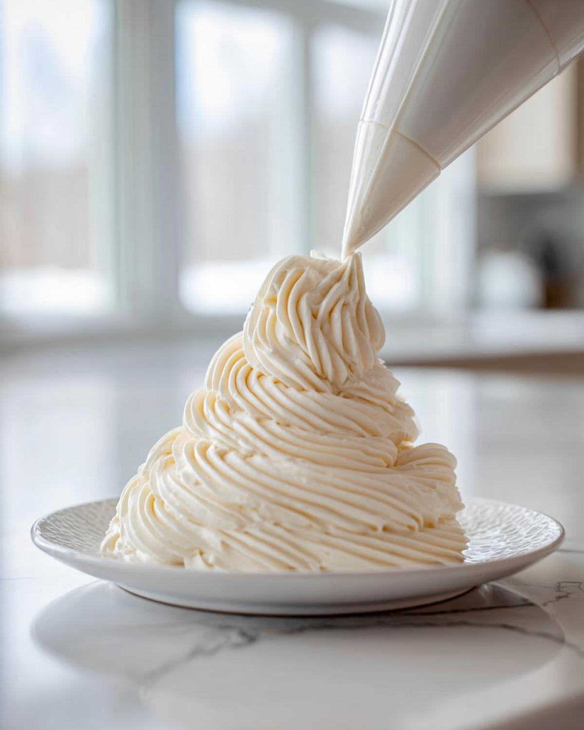 A piping bag swirls a mound of fluffy vanilla buttercream frosting onto a white plate.